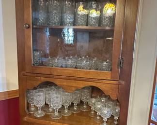 St. Johns Corner Hutch; Anchor Hocking Wexford Glassware; Indiana Glass Clear Diamond Point Goblets; Birdhouse Cookie Jar