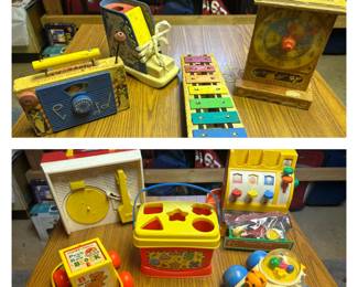 Fisher Price TV-Radio; Playskool Shoe; Fisher Price Pull A Tune; Fisher Price Clock; Fisher Price Music Box Record Player; Fisher Price Perk A Boo Block; Fisher Price Block Shape Sorter Bucket; Fisher Price Poppity Pop Cat with Bear