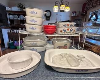 Cornflower Blue Corning-ware; Mallard Duck Corning-ware Covered Casserole Dish; Country Festival Friendship Blue Birds Covered Casserole Dishes; French White Corning Ware; Glasbake Custard Dishes; Pyrex Red Bowls 410 (12oz); Casserole Dish Lids