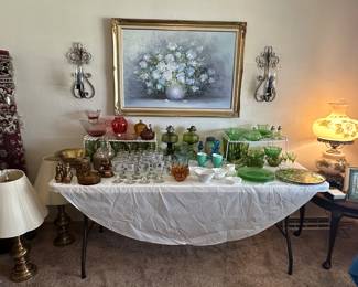 Area Rugs; Large Wall Painting; Sconces; Brass Table Lamps; Oval Glass Top End Table; Depression Glass; Vaseline Glass; Green Glassware; Green Glass Oil Lamps; Milk Glass; Amber Glassware; Copper S& P Shakers;