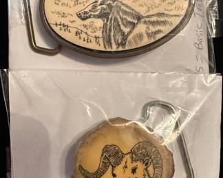 Handmade 1978 Brass Scrimshaw Belt Buckle by BTS- Made in the USA; Handmade Scrimshaw Slice of a Ram Antler- Made in Alaska