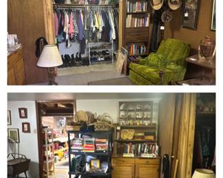 Clothes; Stuffed Animals; Shoes; Bookcase:’; Books; Coat Rack; Cowboy Hats; MCM Green Velour Chair; Baskets; Bed Rail; Hangers; Maple Hutch China Cabinet; Chalkware Baby Faces; Jewelry Boxes; Japan Owl Sugar & Creamer; GE 18qt Roaster Oven; Toastmaster Toaster Oven; Griswold Meat Grinders; Stove Top Smoker; Woven Picnic Basket with Legs