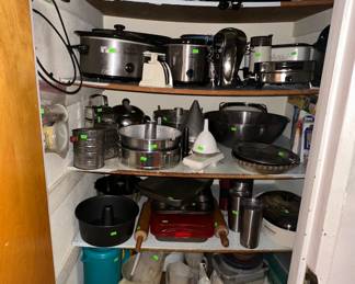 Crock Pots; Kitchen Scale; Cooks Hand Mixer; Toastmaster Waffle Iron; Brentwood Sandwich Maker; Braun Coffee Grinder, Strainers; Metal Bakeware; Tupperware; Metal Penguin Ice Bucket