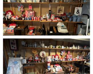 Raggedy Ann & Andy Dolls, Lamp, Figures( Wedding Dress; Wooden Stools; Milking Stools; Ornate Square Table; Magazine Rack; Clothes Pins; Mini Radio Flyer Wheelbarrow, Wagon & Tricycle; St. Louis Cardinals Clock; Coca Cola Signs, Bottles, Cans, Puzzle, Cards; Blue Canister Set; Muppet Glasses; Budweiser Pitcher; Tang Pitcher; Juice Bottles; Wooden Rocking Horse; Penney’s Lite Touch Typewriter in case; Vitamaster Exercise Bikes