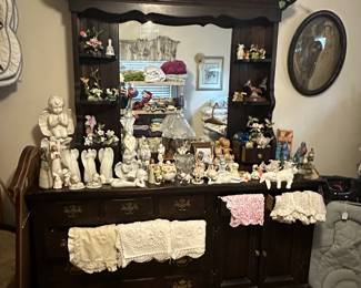 Pine Dresser with Mirror; Figurines; Floral Arrangements; Vintage Bubble Glass Wedding Picture; Doilies