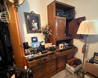 Kenmore Sewing Machine and Case; Ethan Allen Cabinet Bases & Hutch; Cameras; Lenses; Picture Frames; Brass Floor Lamp