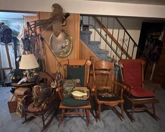 Wooden Rocking Chairs; Handmade Fishing Lure Tree; Big Mouth Billy Bass; Taxidermy Pheasant