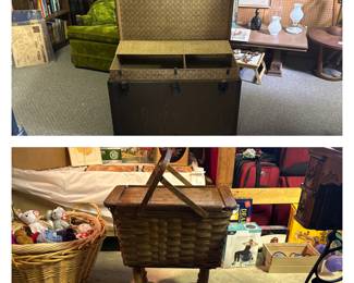 Vintage Trunk with Insert; Woven Wooden Picnic Basket with Legs