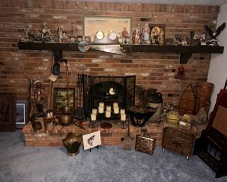 Walking Sticks; The Musical/ Magical Rainstick; Indian Statue; Indian Drum; Spitton; Fireplace Tools; The Hadley Co. Dave Constantine Figurines; Hand carved Captains Nutcracker; Homco Figurines; Lefton Toby Jugs; Ridgeway Barometer and Clock; Norman Rockwell Stagecoach Indians Picture; Holland Molds; Dietz No.40 Traffic Gard Lantern Red; Bear and Eagle Figurines; Lefton Eagle Musical Figure; Wooden Milk Buckets; Canoe Shelf; Handmade Fishing Lures; Monmouth Cookie Jar; Woven Firewood Tote Basket; Revere Coal Bucket; Fesco 3352 Plastic Americana Jug 2pc; Metal Fireplace Screen; Driftwood