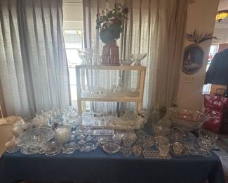 Clear Glassware; Punch Bowl and Ladle; Cake Plates; Lead Crystal; Decanters; Bowls; Candy Dishes; Trays; Glasses; Plates; Refrigerator Dish; Sugar & Creamer
