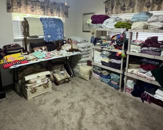 Quilts; Comforters; Comforter Sets; Afghan; Bed Pillows;Throw Pillows; Fancy work; Doilies; Blankets; Electric Blanket; Sheets (Queen); Pillowcases; Towels; Wash Cloths; Kitchen Towels; Placemats; Table Cloths; Throw Blankets