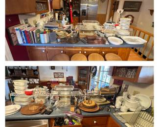 Cookbooks; Metal Grater; Vision Skillet; Pyrex Bakeware; Corning ware; Pampered Chef; Corelle; Knives; Wooden Lazy Susan; Wooden Nut Bowl and Crackers; Lighters; Electrical Skillet Cords