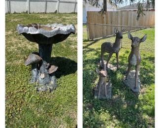 Concrete Bird Bath; Concrete Deer Family
