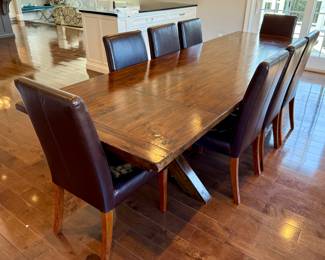 Pottery Barn Trestle Dining Table & (8) Pottery Barn Grayson Leather Chocolate Chairs