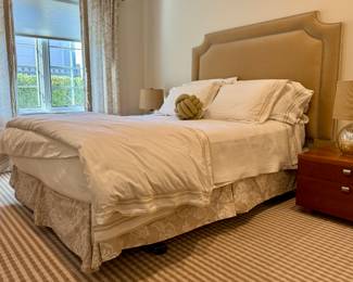 Upholstered Queen Velvet Headboard with Nailhead Trim & Matouk Linens