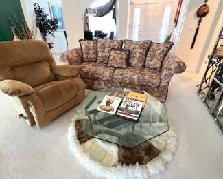 Sofa - Recliner - Glass /Metal Coffee Table - Rug SOLD 