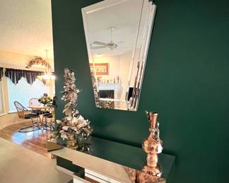Mid Century Mirror & Mirrored Console (Mirror has a small crack on trim ) 