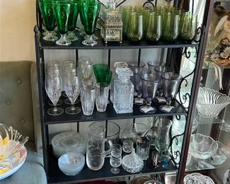 Bakers rack, Emerald Green Depression glasses, Crystal decanters, Crystal Glasses