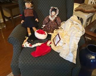 WINGBACK CHAIR, AMERICAN GIRL DOLL MOLLY, CHINA DOLL, ANTIQUE BABY CLOTHING