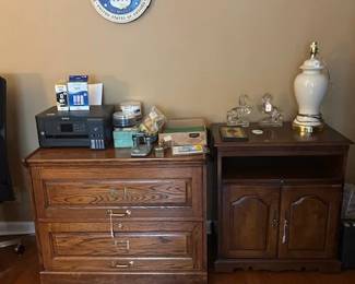 OAKE FILE CABINET, TV STAND, PRINTER, LAMPS, OFFICE SUPPLIES