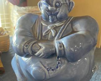 Vintage 1940s Blue French Kithchen Cookie Jar.  “Pierre the Chef”