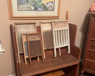 VINTAGE WASH BOARDS AND A SMALL TO MEDIUM SIZE WOOD  CHURCH PEW /BENCH