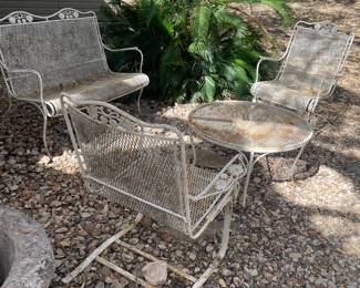 AMAZING VINTAGE WROUGHT IRON SET OF OLD SCHOOL PATIO FURNITURE   HAS A CART THAT CAN GO TOO ! CHAIRS ARE ROCKERS