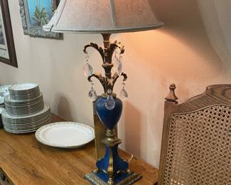 VINTAGE HEAVY BLUE BASE LAMP W/ CRYSTALS  COOL PIECE