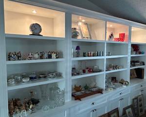 Cut Glass, figures and tea cups with saucers