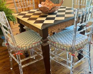 hand painted table $175 lucite chairs with custom cushions $50 each  TAKE ALL FOR $450 NOW ALL FOR $200