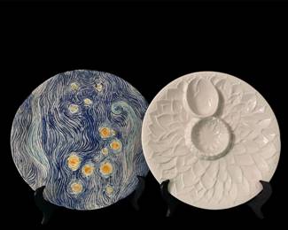 Artichoke Motif Serving Plate, Van Gogh Style Handmade Ceramic Plate