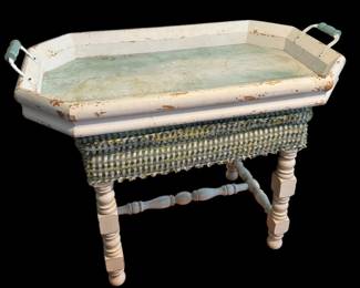 Rustic Wooden Tray Table Stand On Cushioned Stool