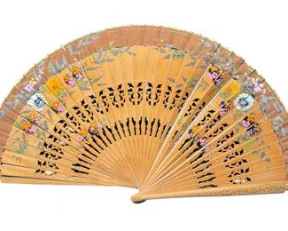 Lacquered Floral Hand Fan Hand Painted Double Sided