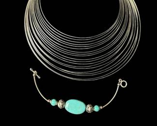 Sterling 925 Turqouise Bracelet With MANILAI Fashion Multilayer Metal Wire Torques Statement Necklace