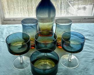 Ombre Blue Gold Glass Set With Decanter