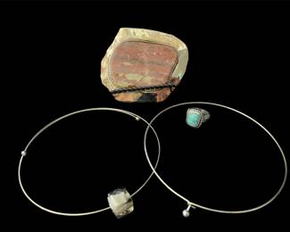 Sterling Belt buckle with stone, two chocker necklaces, turquoise ring 