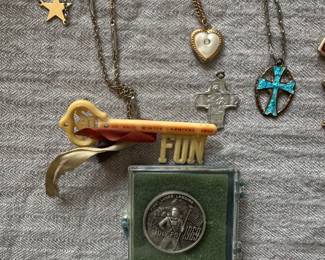 Vintage charm bracelets, watches and costume jewelry, winter carnival pin