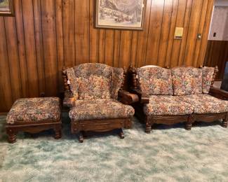 3 piece floral & wood set- couch-61” chair-36”. Ottoman-26x26x16