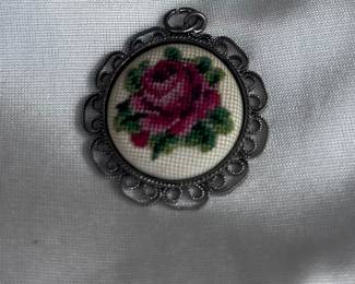 Vintage Needlepoint Rose Pendant
