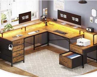 SEDETA L Shaped Desk with 6 Drawer, 108 Home Office Desk with File