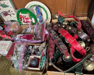 Huge box of sleigh bells on leather straps