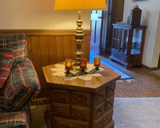 Hexagon end table with storage, Brass table lamp 