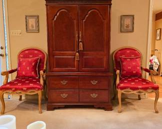 Lexington TV Cabinet, Red Accent Chairs