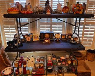 Large clock collection, candles and decor