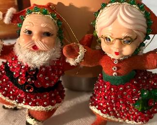 Beaded and sequined Mr.& Mrs Santa Claus ornaments 1960’s