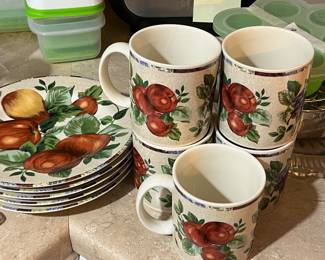 Sakura Table by Sonoma Oneida, fruit design, vintage, 5 plates, 6 coffee mugs