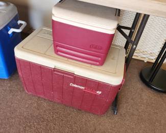 Coleman Polylite 48 Cooler and Igloo Legend 6 Can Beach Cooler Red with Blue Handle