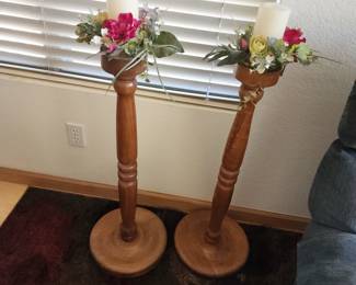 Pair Chunky & Large Retro Wooden Floor Candle Holders