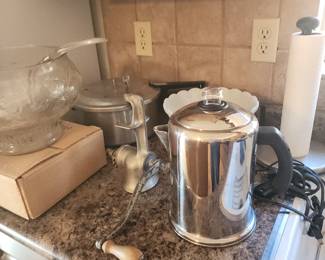 Meat Grinder, Coffee Pot, & Punch Bowl