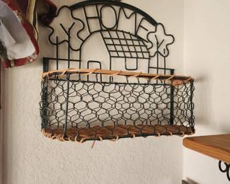 Dark Green Metal Wall Basket Wicker and Chicken Wire Home House with Trees